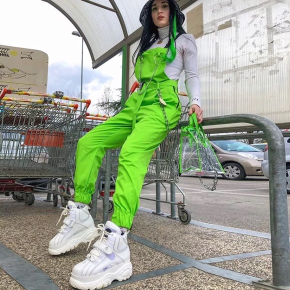 Neon green cargo jumpsuit chain buckle - Picture 2 of 6